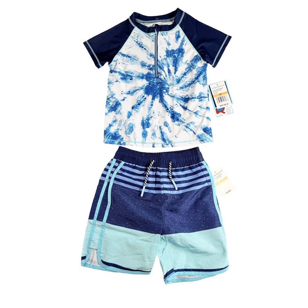 Andy & Evan Boys Blue Tie Dye Swim Rash Guard Trunk Set 5Y NWT